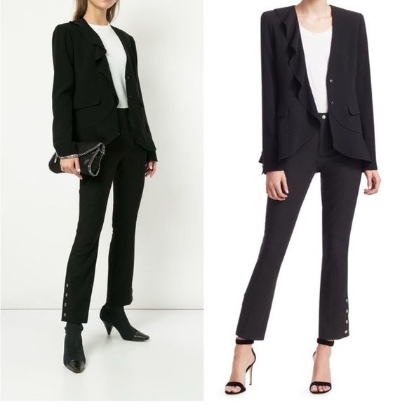 Cinq a Sept Lanier Black Ruffle Blazer 5 a 7 Jacket Snaps Pockets Women's Size 2 - Picture 1 of 10
